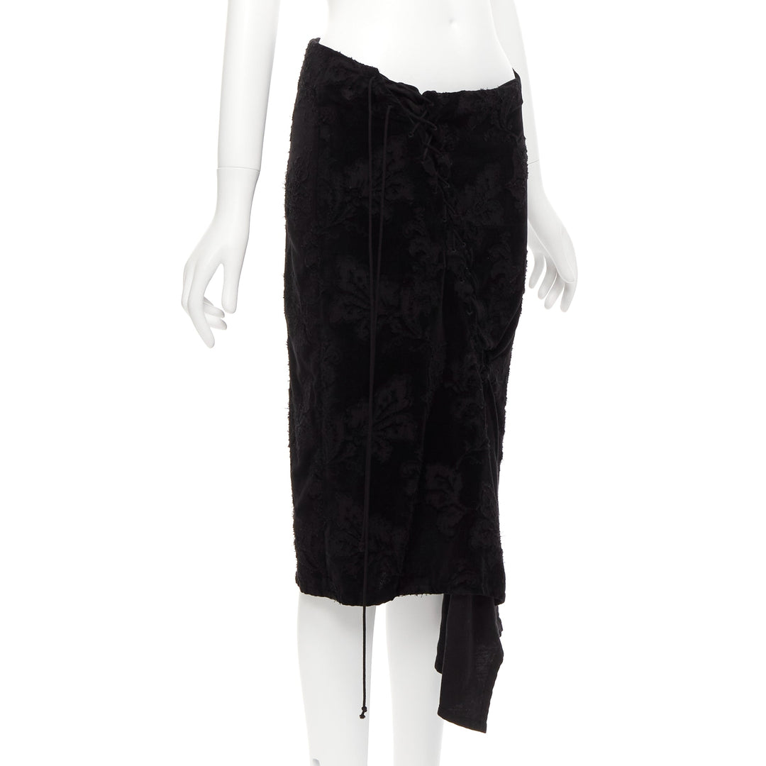 YOHJI YAMAMOTO NOIR black cotton velvet floral jacquard lace up skirt JP1 S