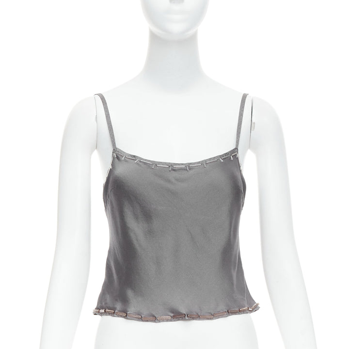 PRADA Vintage 100% silk grey clear long bead embellished camisole top IT38 XS