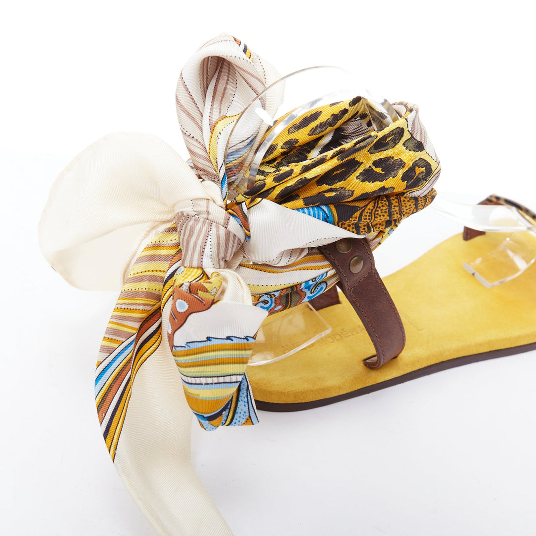 AVEC MODERATION yellow cream silky scarf tie acrylic flat sandals EU37