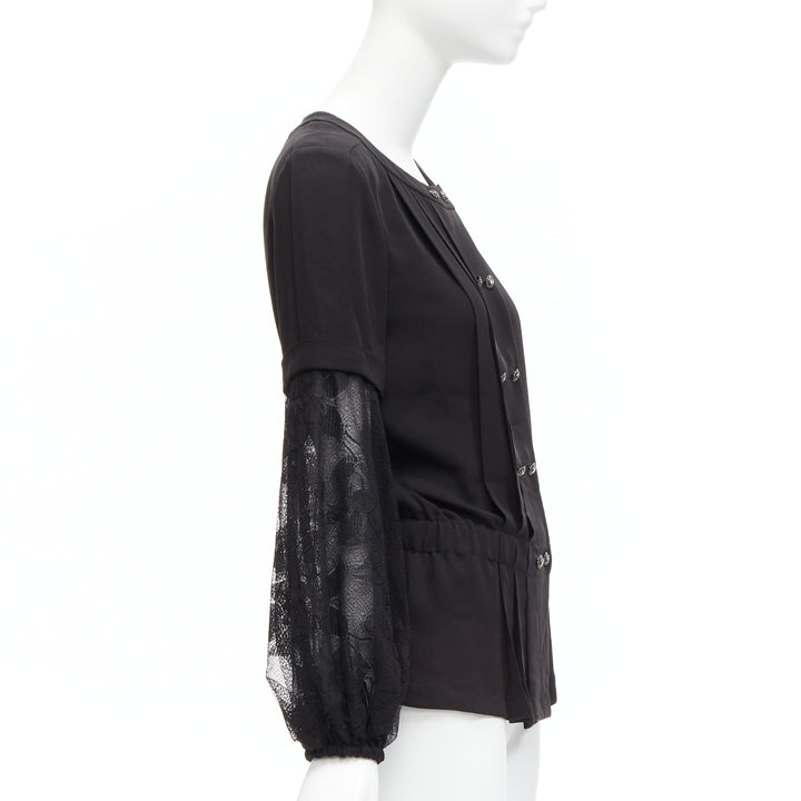 CHANEL 13P silk black floral lace sleeves pleated jacket blouse FR36 S