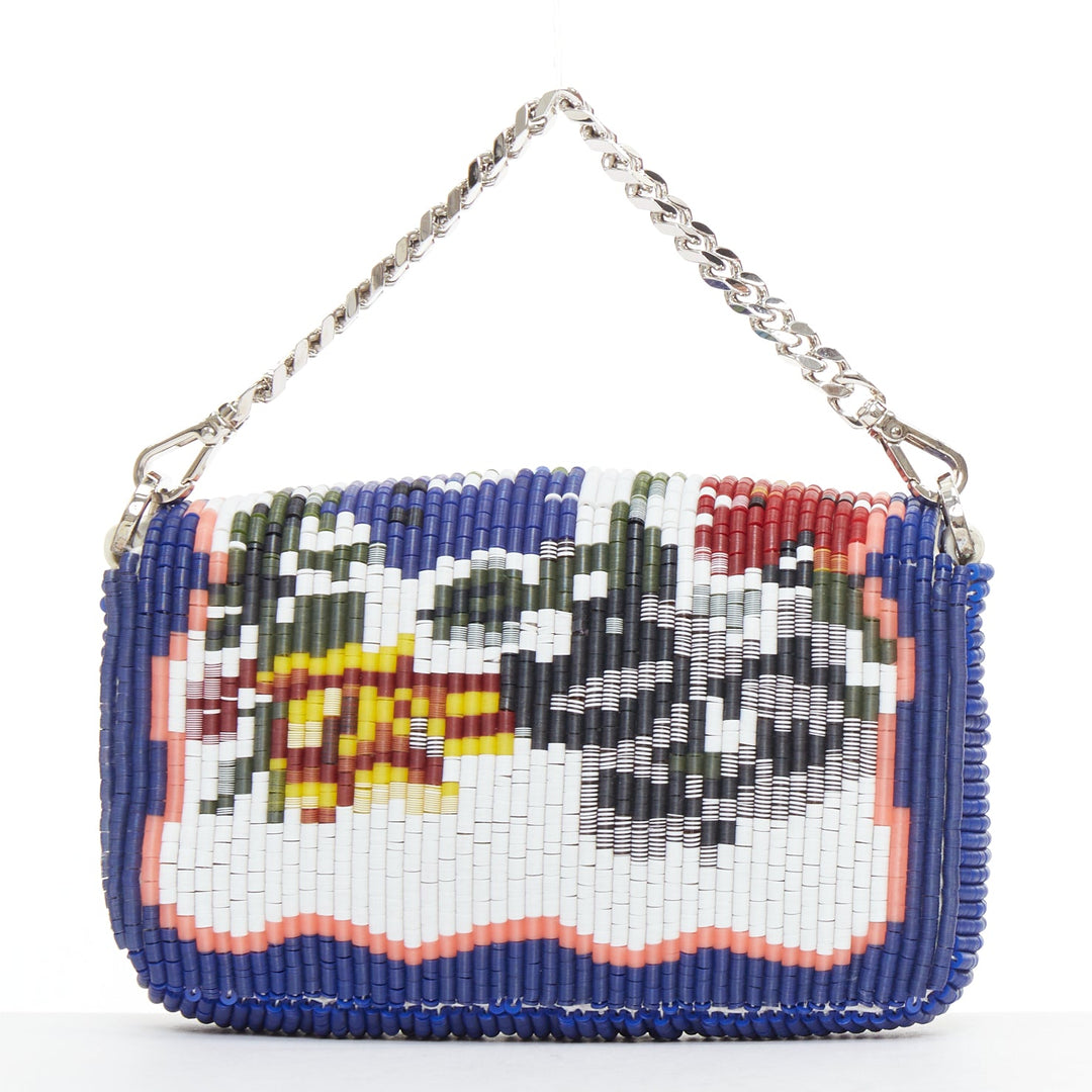 FENDI Micro Baguette blue colorful needlepoint beaded FF logo flap chain bag