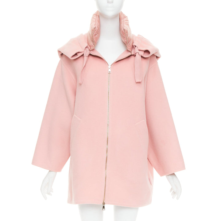 MONCLER pink double face virgin wool cashmere goose down hooded jacket Sz0 XS