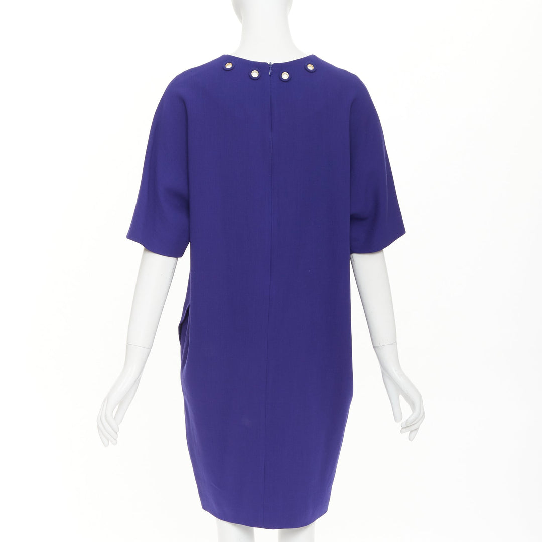 ESCADA bluebell cobalt wool crepe dual pocket eyelet shift dress FR40 L