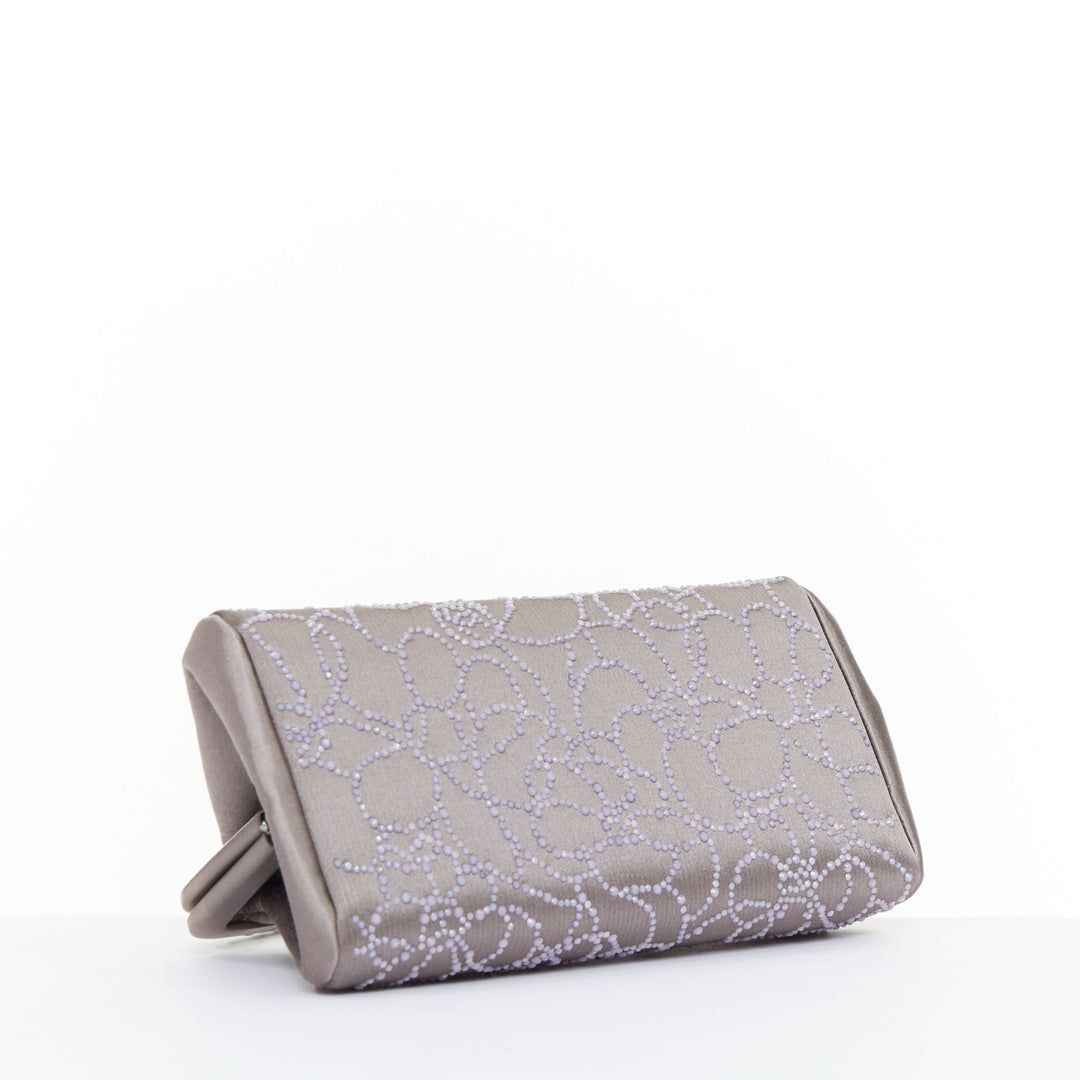CHANEL 2000 pink pearl beaded grey satin crystal CC kiss lock frame clutch bag