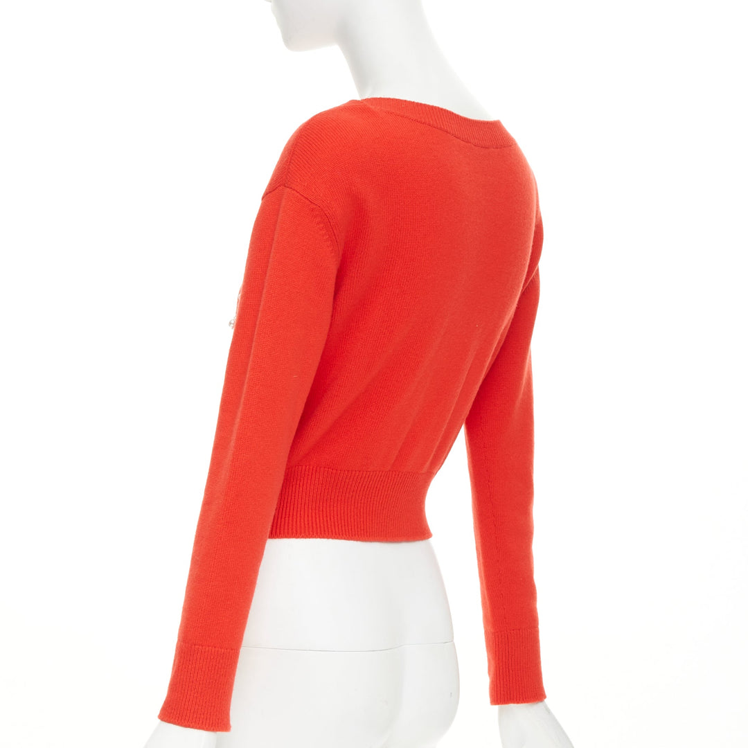 CHANEL 21S Runway 100% cashmere red pearl crystal beads spellout sweater FR34 XS