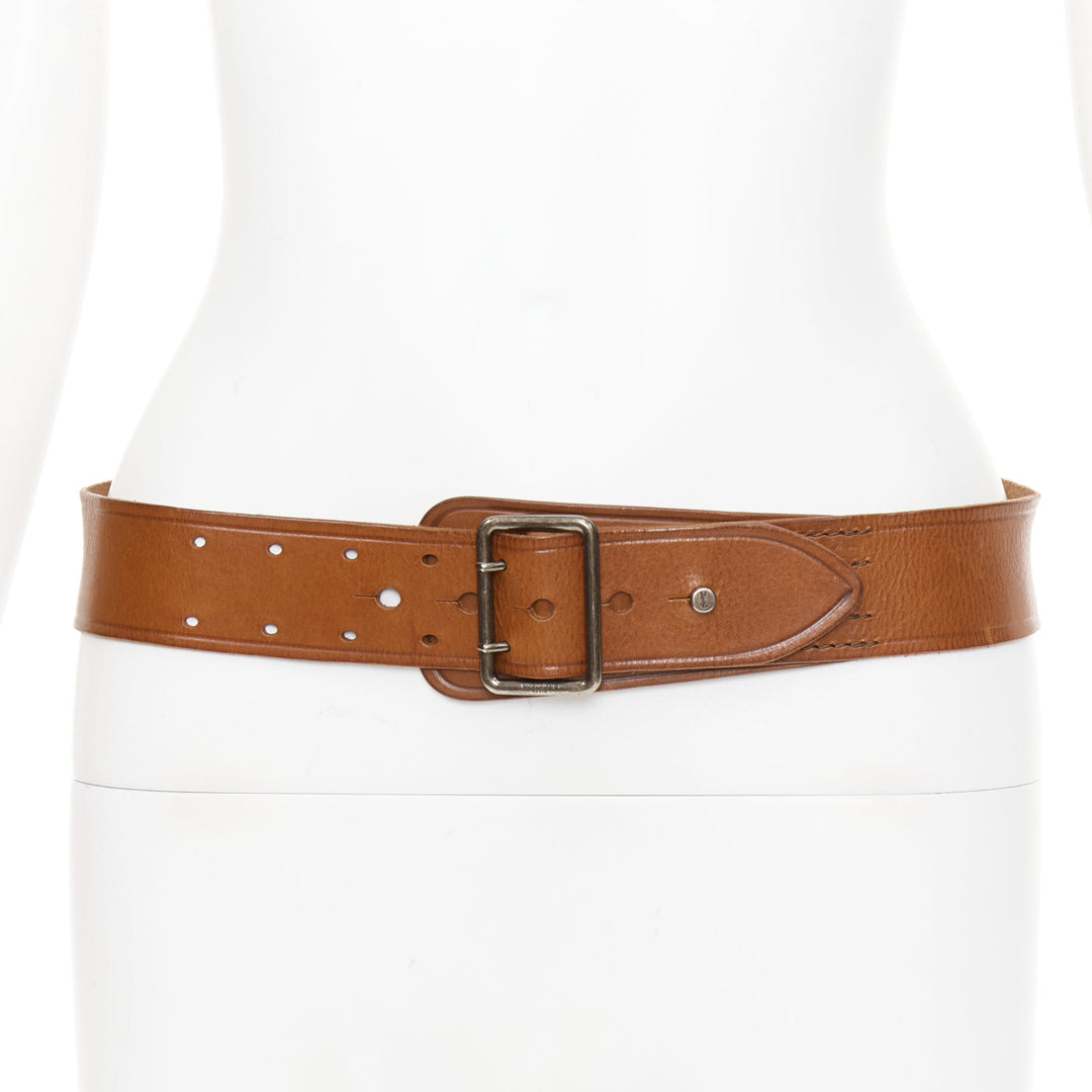 SAINT LAURENT  2015 brown leather chrome metal YSL stud wide military belt 75cm