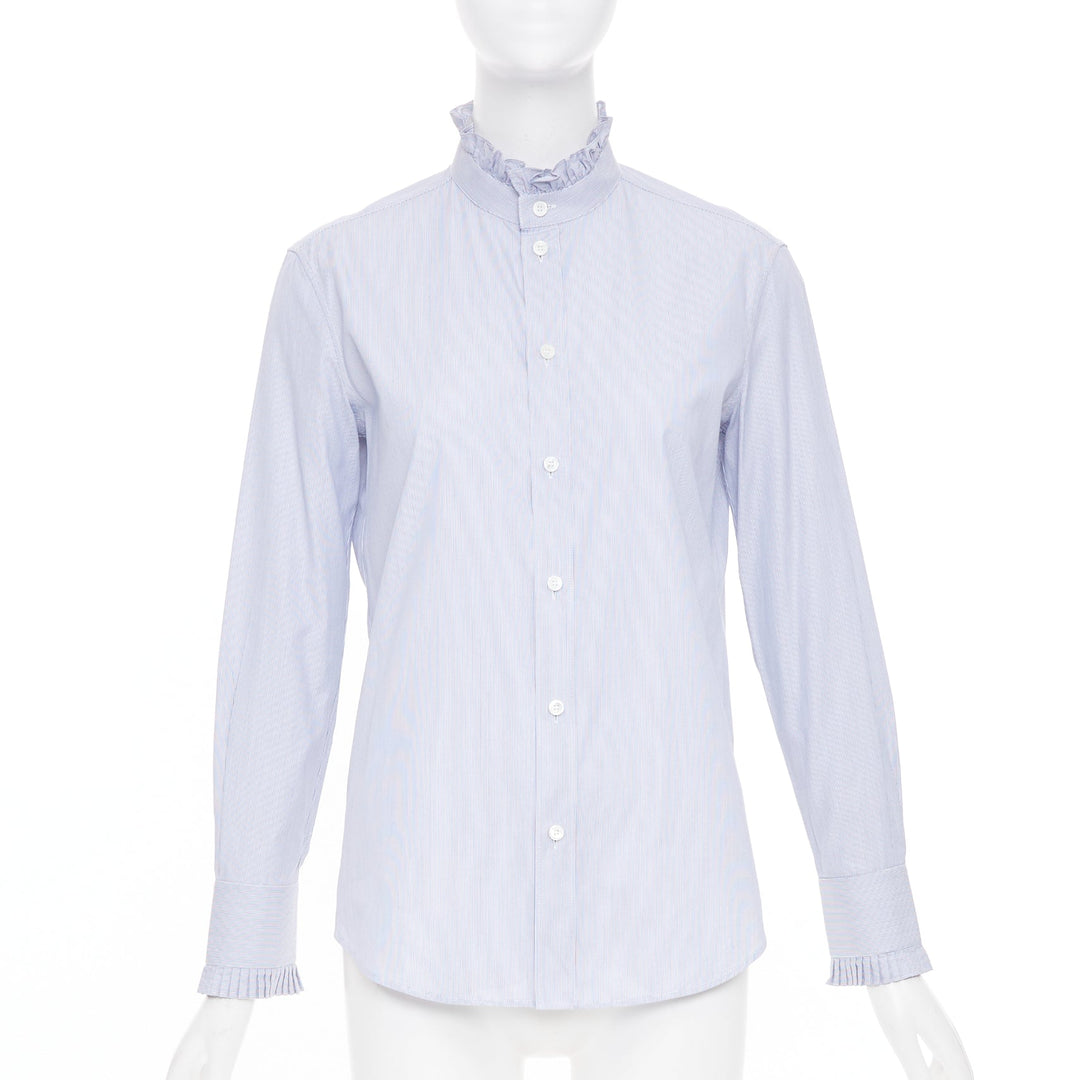 CELINE 2021 striped ruffle mock neck cotton casual button down shirt FR38 M