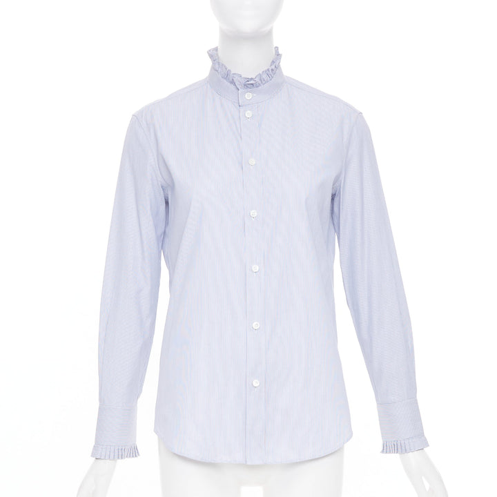CELINE 2021 striped ruffle mock neck cotton casual button down shirt FR38 M