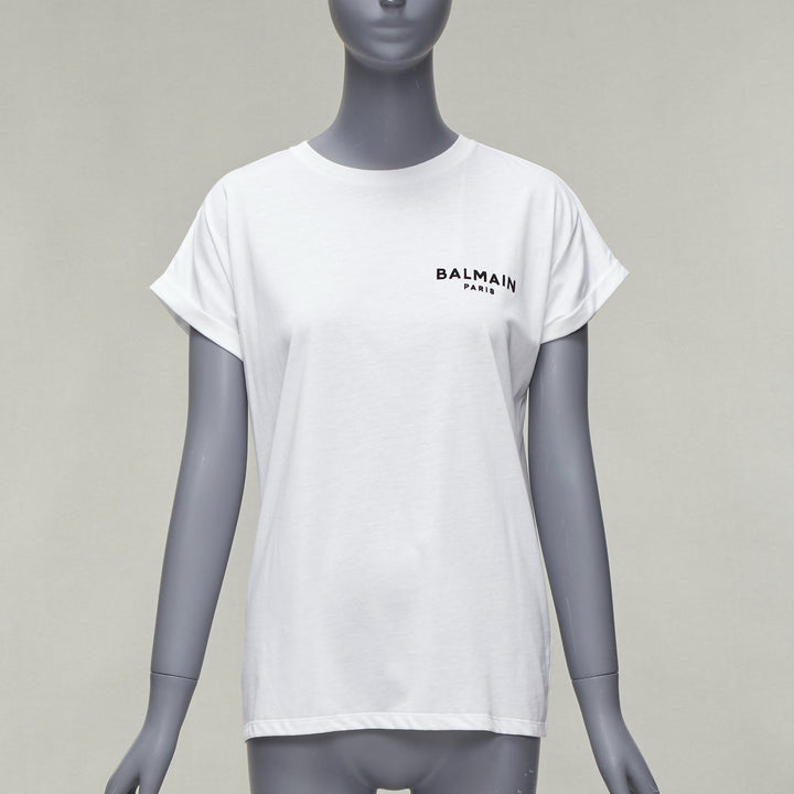 BALMAIN signature logo print cuffed sleeves white cotton tshirt XXS