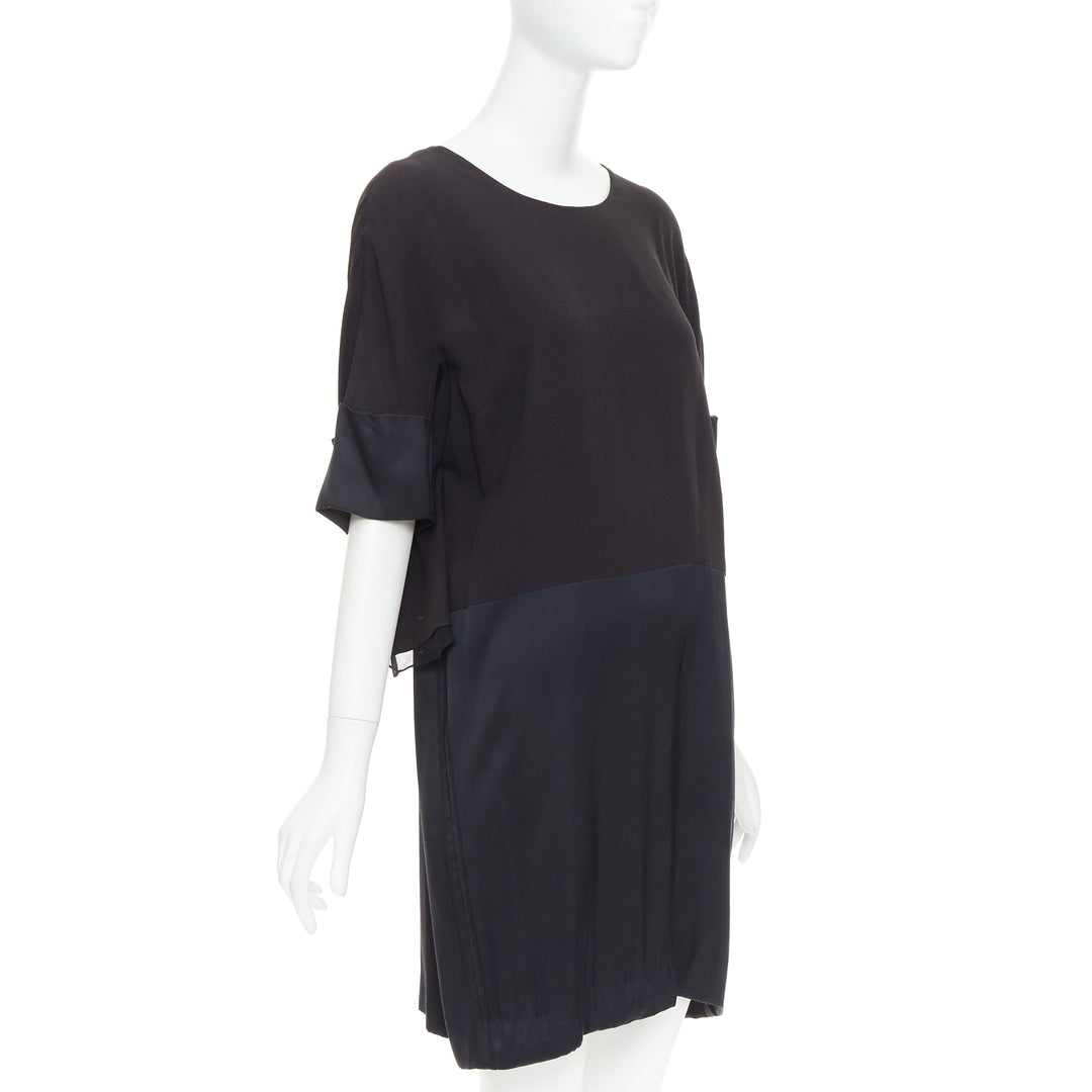 CHLOE black 100% silk crepe satin contrast cape back dress FR42 XL