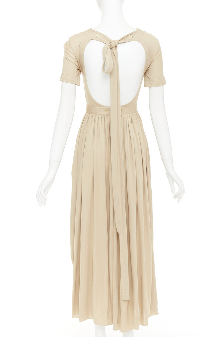 OLD CELINE Phoebe Philo 2016 nude viscose open back tie pleat midi dress FR34 XS