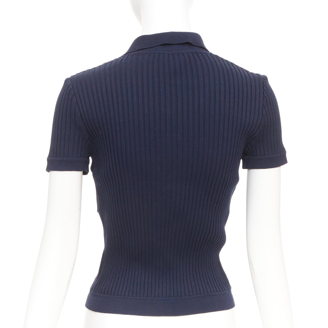 CHANEL 1997 Vintage navy cc logo button pocket collared polo knitwear top FR36 S