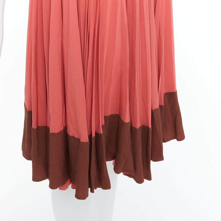 FENDI Vintage 100% silk  pink brown colorblock pleated midi skirt IT36 XXS