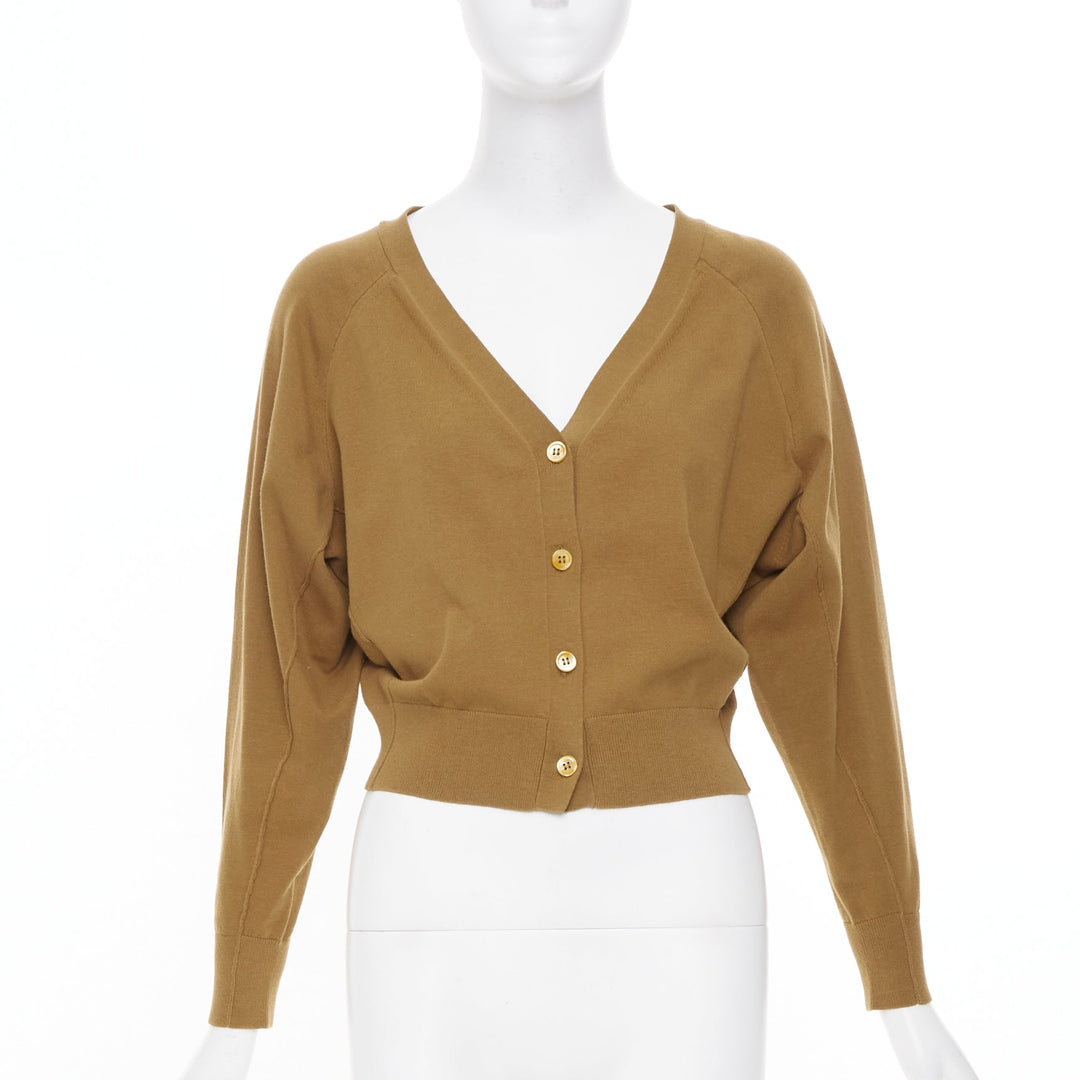 DOROTHEE SCHUMACHER camel brown cotton blend deep v neck cropped cardigan US0 XS