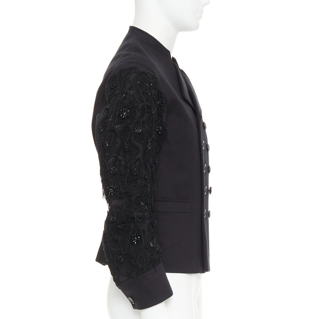 JOHN GALLIANO black fringe embellished sleeve double breasted jacket FR46 S