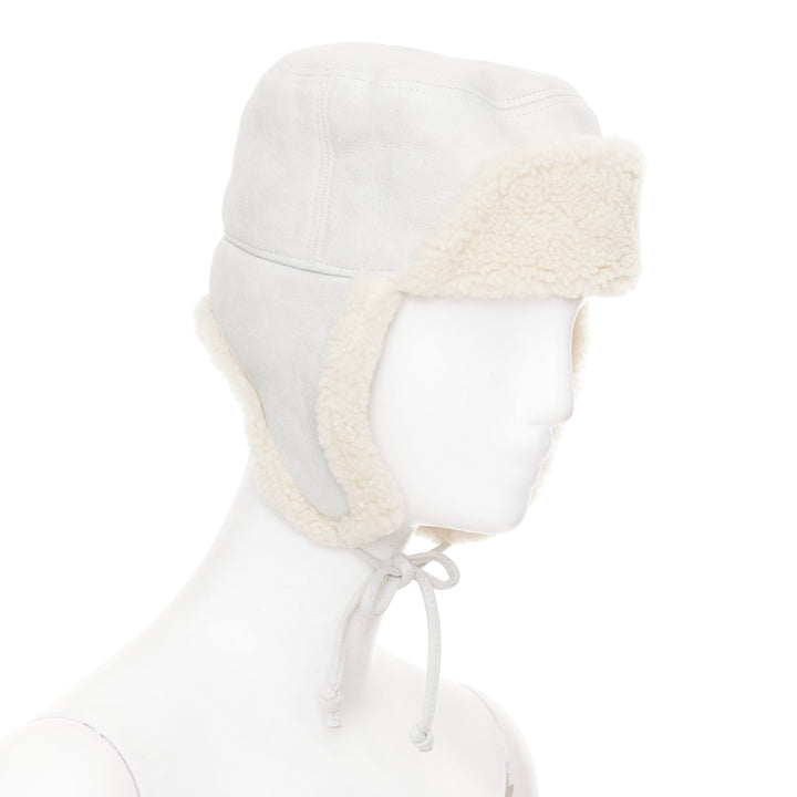 HERMES Mouton Moelluex light grey lambskin suede shearling trapper hat 56cm