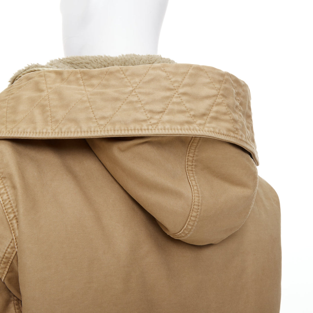 PRADA 2023 Runway shearling trim canvas hooded cropped bomber jacket IT48 M