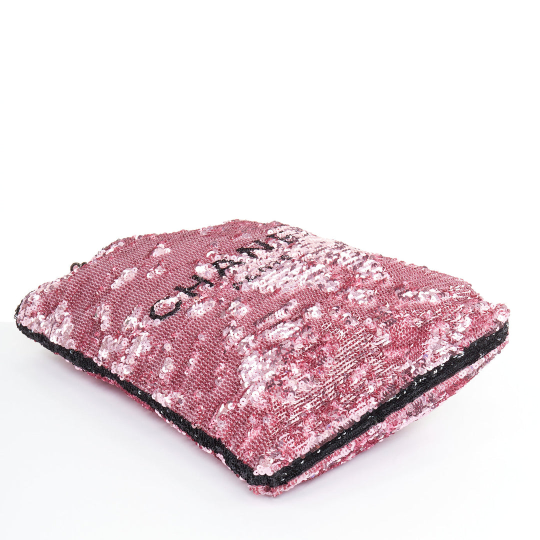 CHANEL 2024 Runway pink sequin leather block logo chain vertical shopping bag