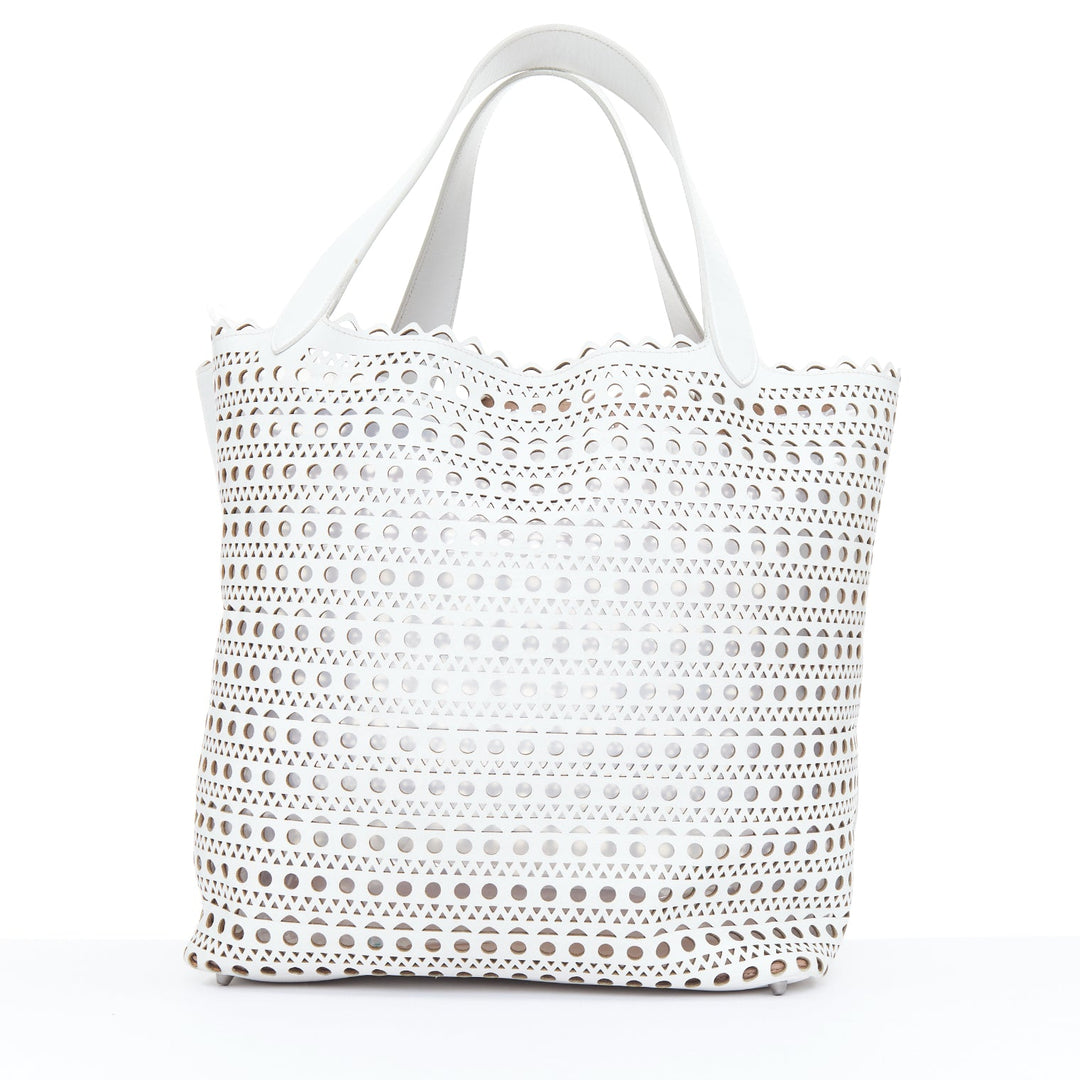ALAIA Le Mina Vienne Wave laser cut white calfskin leather travel tote bag