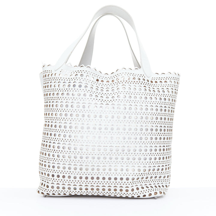 ALAIA Le Mina Vienne Wave laser cut white calfskin leather travel tote bag