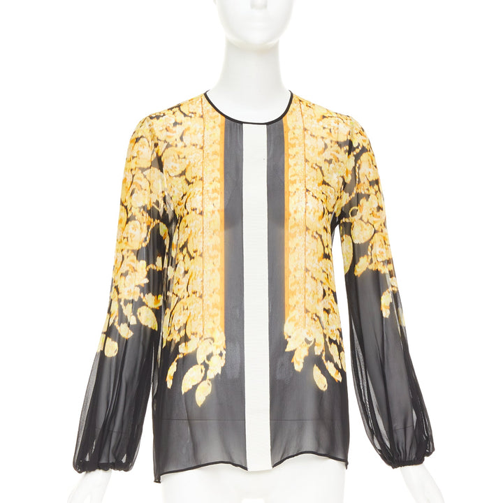 GIAMBATTISTA VALLI silk gold black grosgrain print sheer chiffon blouse IT38 XXS