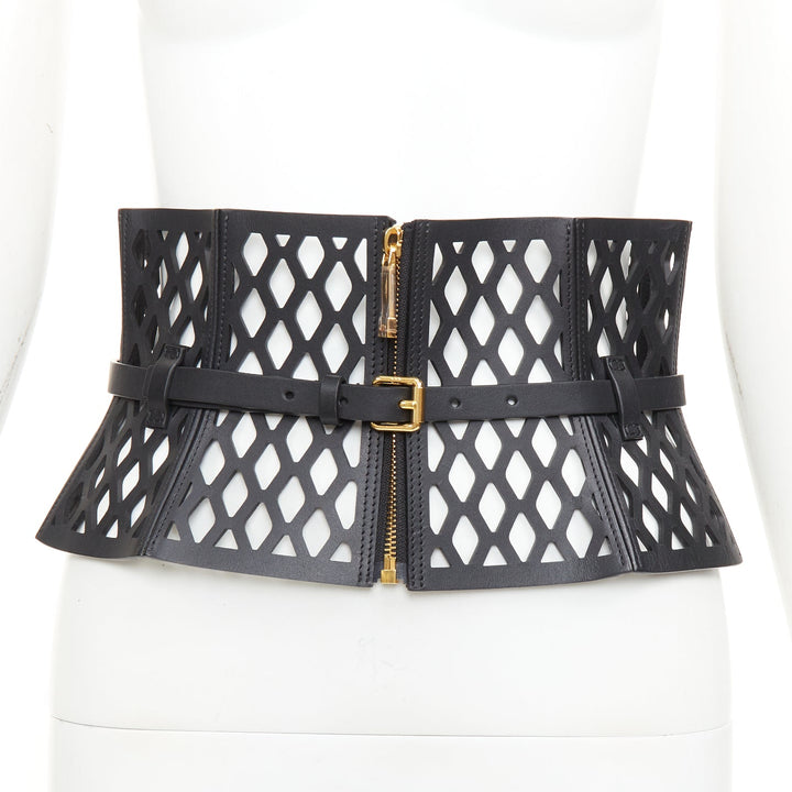 CHRISTIAN DIOR 2020 Runway D-Trap black laser cut fishnet leather corset belt M