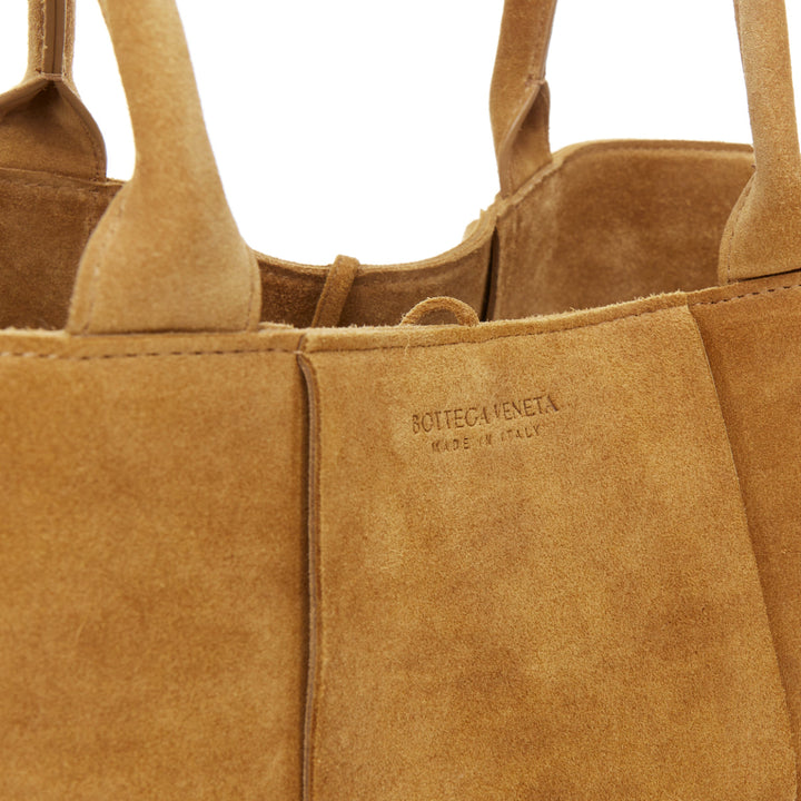 BOTTEGA VENETA Arco Medium camel suede maxi intrecciato top handle hobo tote bag