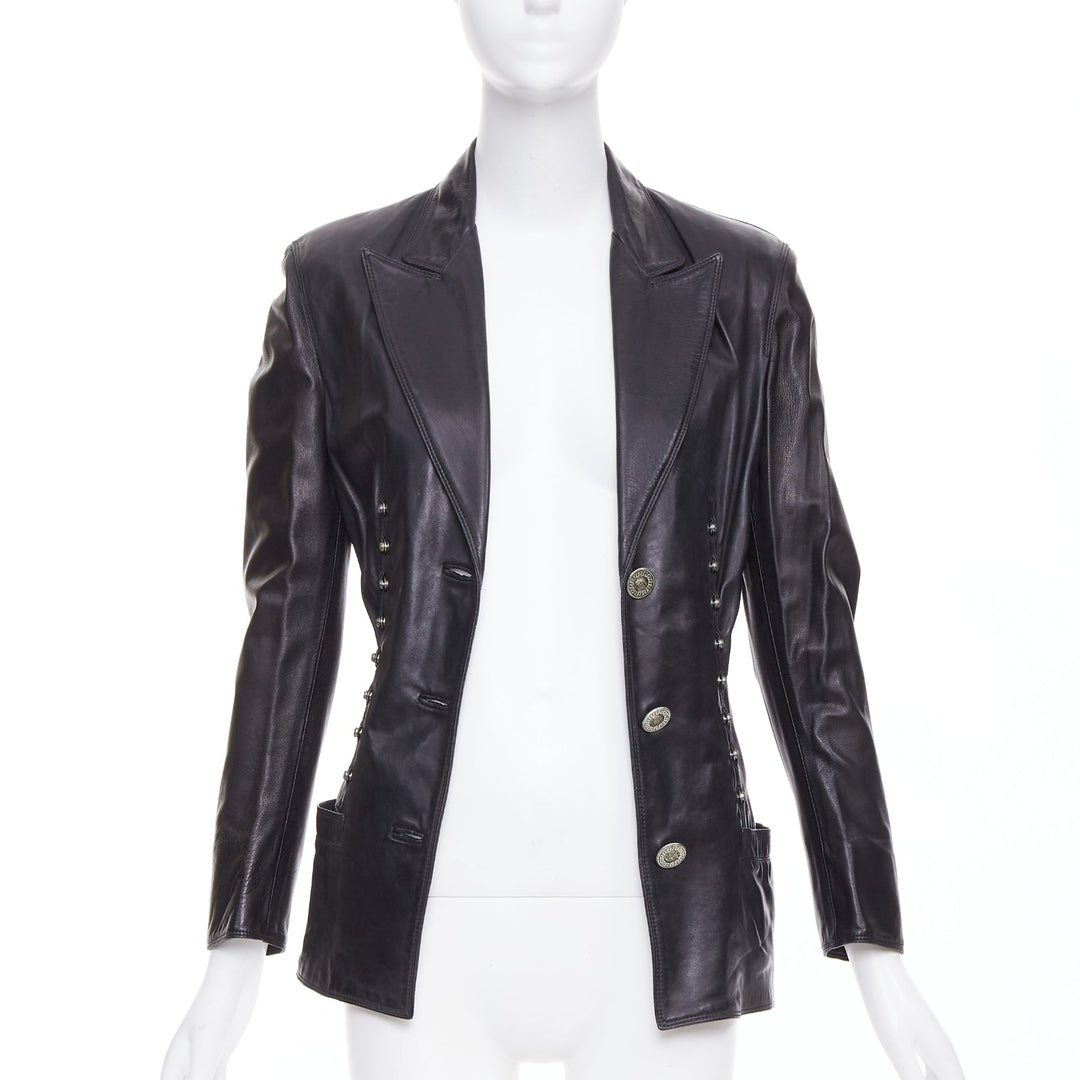 GIANNI VERSACE 1995 Vintage black lambskin silver Medusa hourglass jacket IT40 S