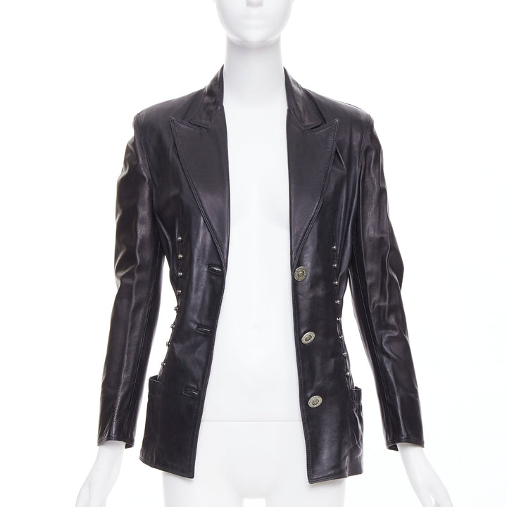 GIANNI VERSACE 1995 Vintage black lambskin silver Medusa hourglass jacket IT40 S