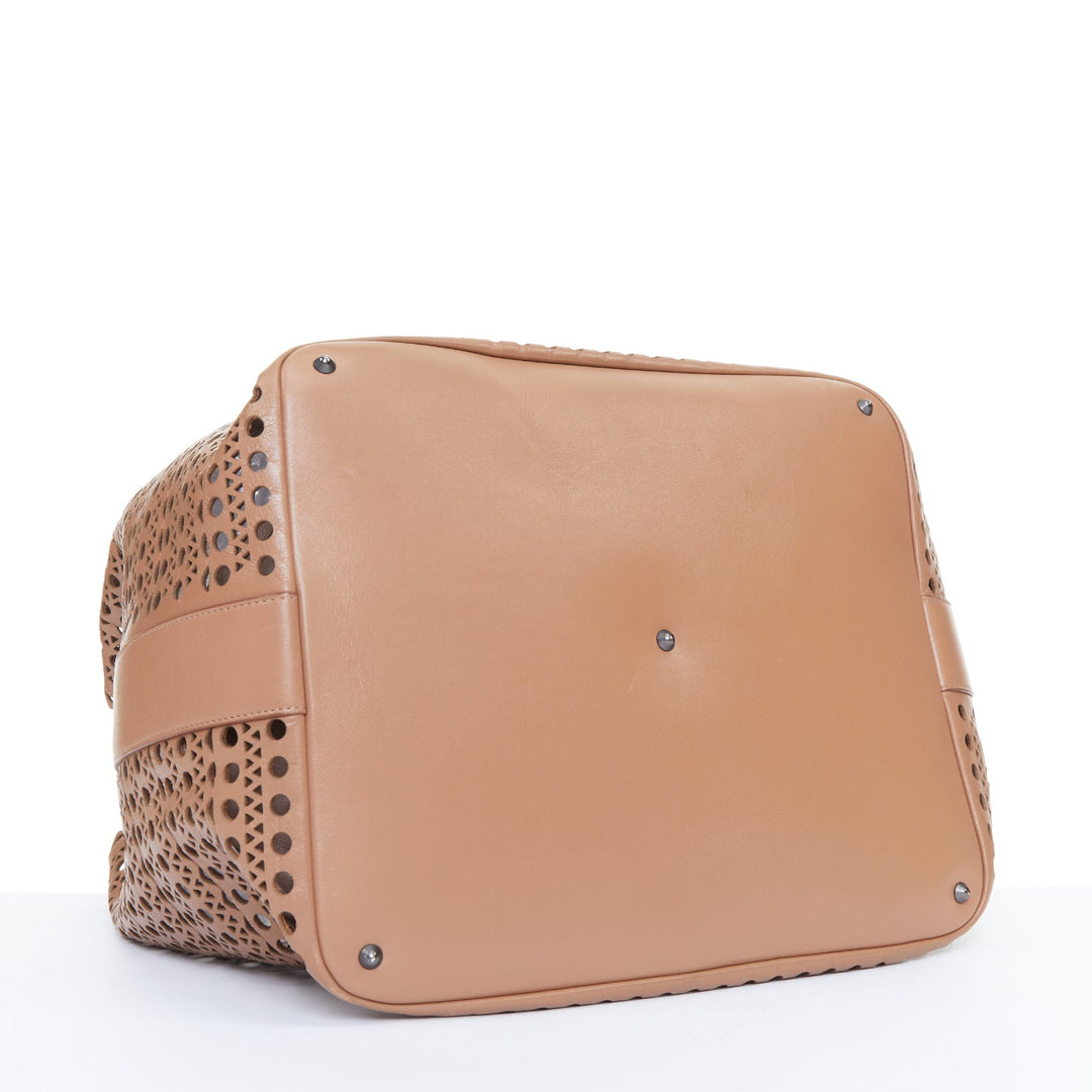 ALAIA Le Mina 32 Sable tan Vienne laser cut openwork calfskin leather tote bag