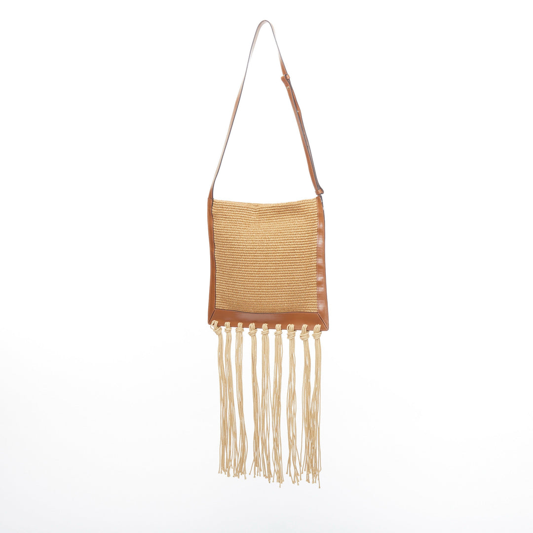 MARNI brown raffia fringe leather trim black logo crossbody bag