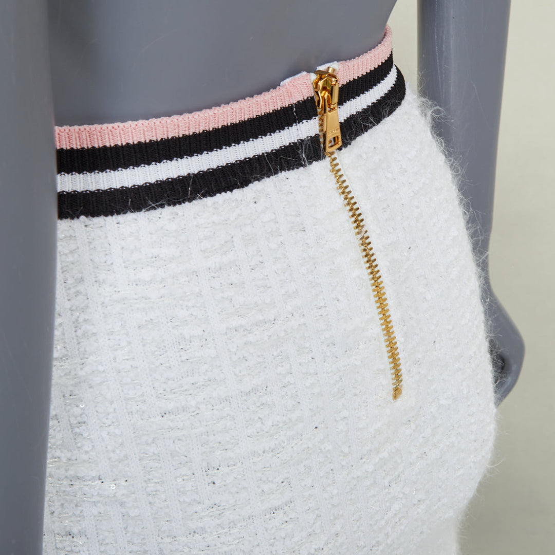 BALMAIN white knit tweed striped border lion head button mini skirt FR34 XXS
