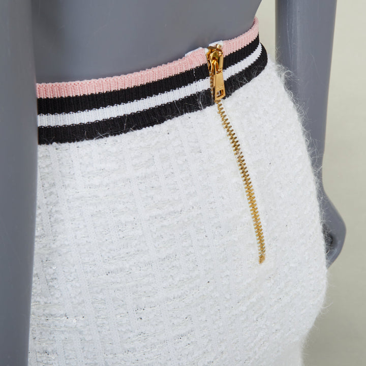 BALMAIN white knit tweed striped border lion head button mini skirt FR34 XXS