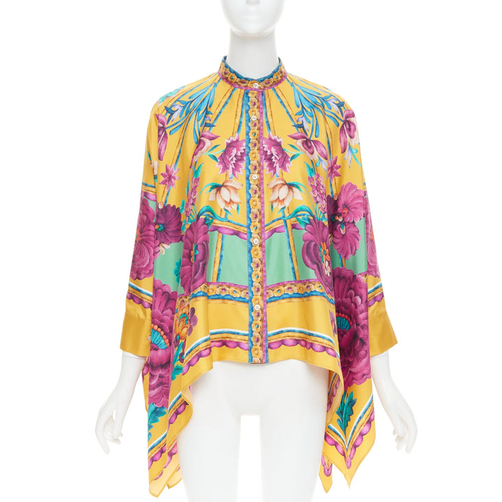 LE DOUBLE J Edition 36 Foulard 100% silk gold pink floral print kaftan shirt XS