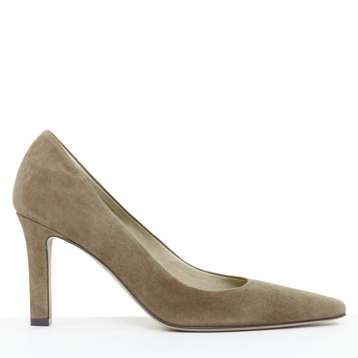 THE ROW Carla 80 dark taupe goatskin suede elongated square toes pumps EU38