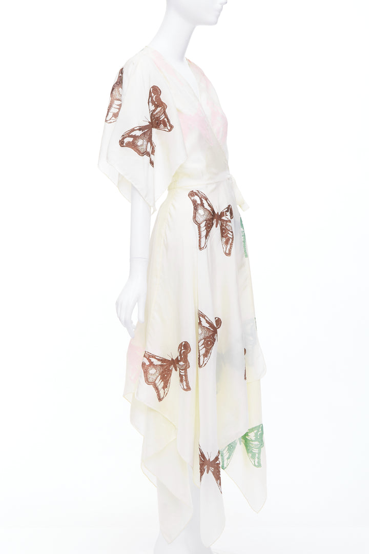 JESSE KAMM cream silk pink brown butterfly print flare wrap dress S