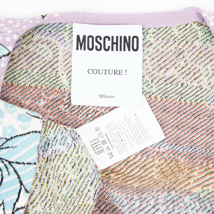 MOSCHINO 2022 Runway Calico Animals lilac blue pink cartoon knit cardigan IT36