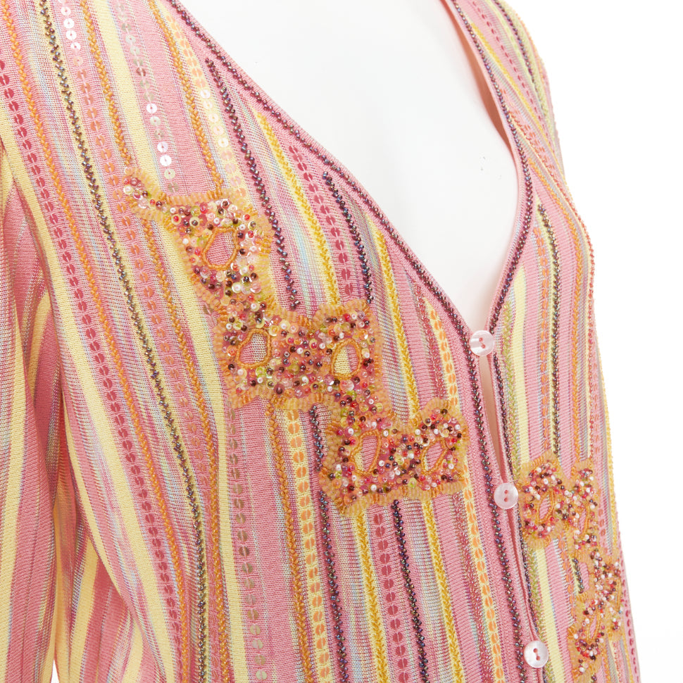 ESCADA vintage pink multi stripe sequin beaded v neck knit cardigan top FR42 XL