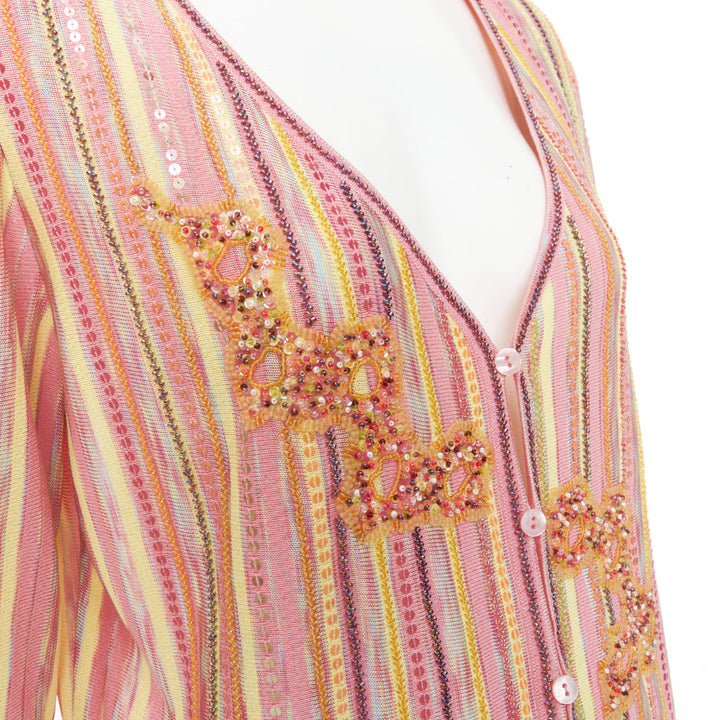 ESCADA vintage pink multi stripe sequin beaded v neck knit cardigan top FR42 XL