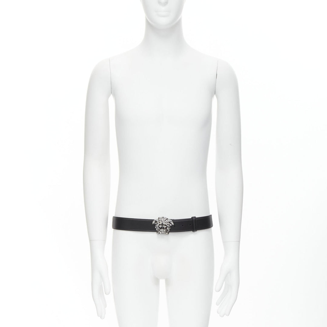 VERSACE La Medusa ruthenium silver buckle black leather belt 115cm 44-48"