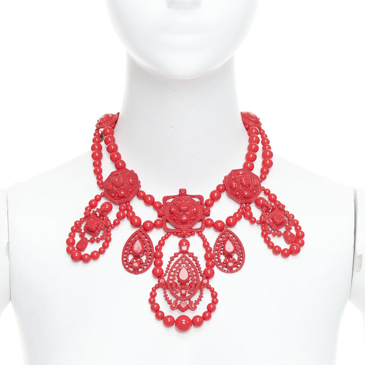 LANVIN H&M red metal chandelier ribbon tie back statement necklace