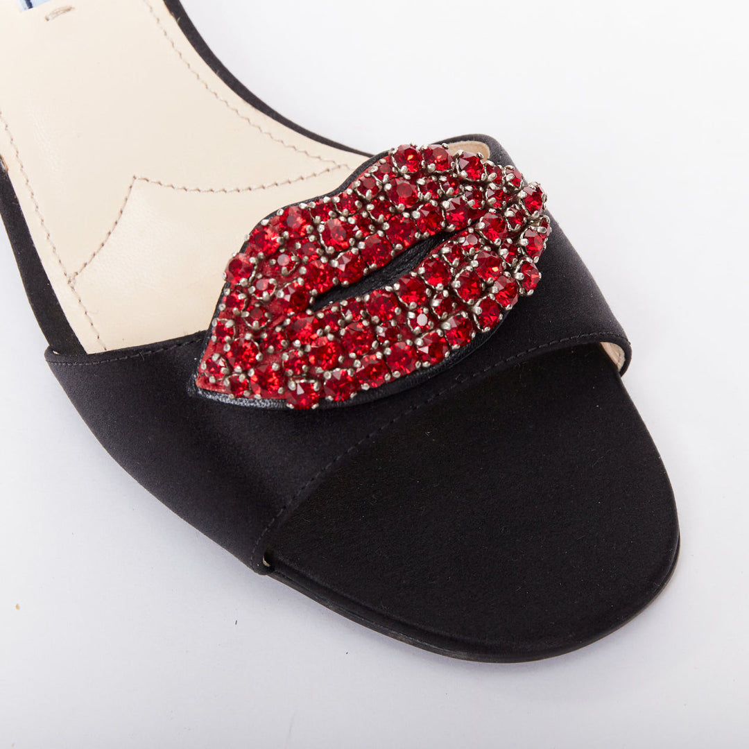 PRADA Special Edition red crystal lip black satin block heeled mules EU37.5