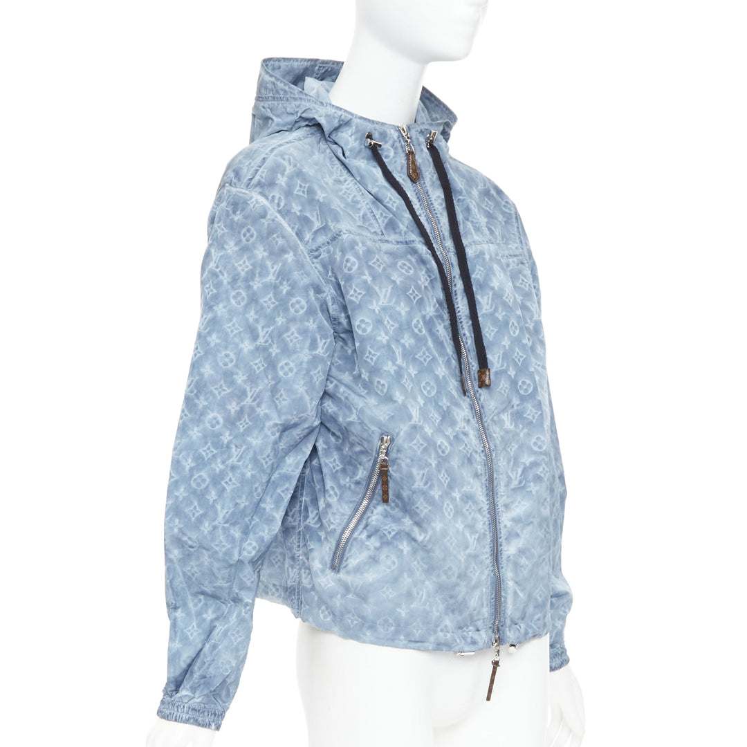 LOUIS VUITTON blue washed monogram print hooded zip anorak jacket FR38 M