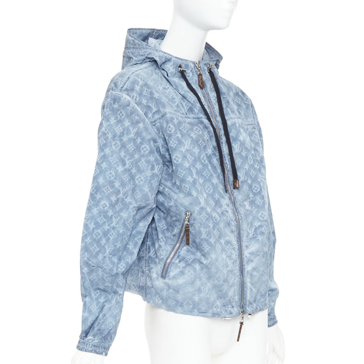 LOUIS VUITTON blue washed monogram print hooded zip anorak jacket FR38 M