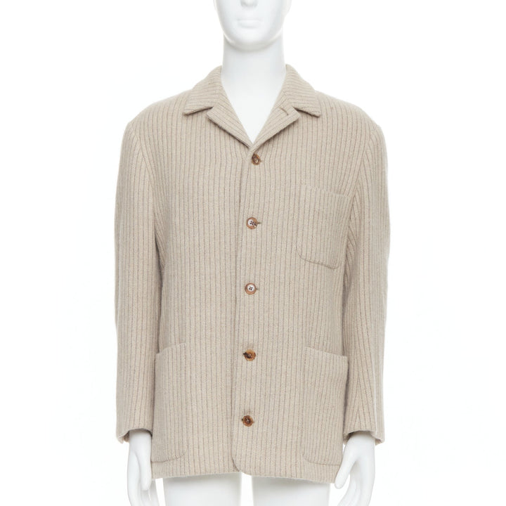 HERMES Angora Wool Cashgora beige verticle stripe knit boxy blazer FR48 M