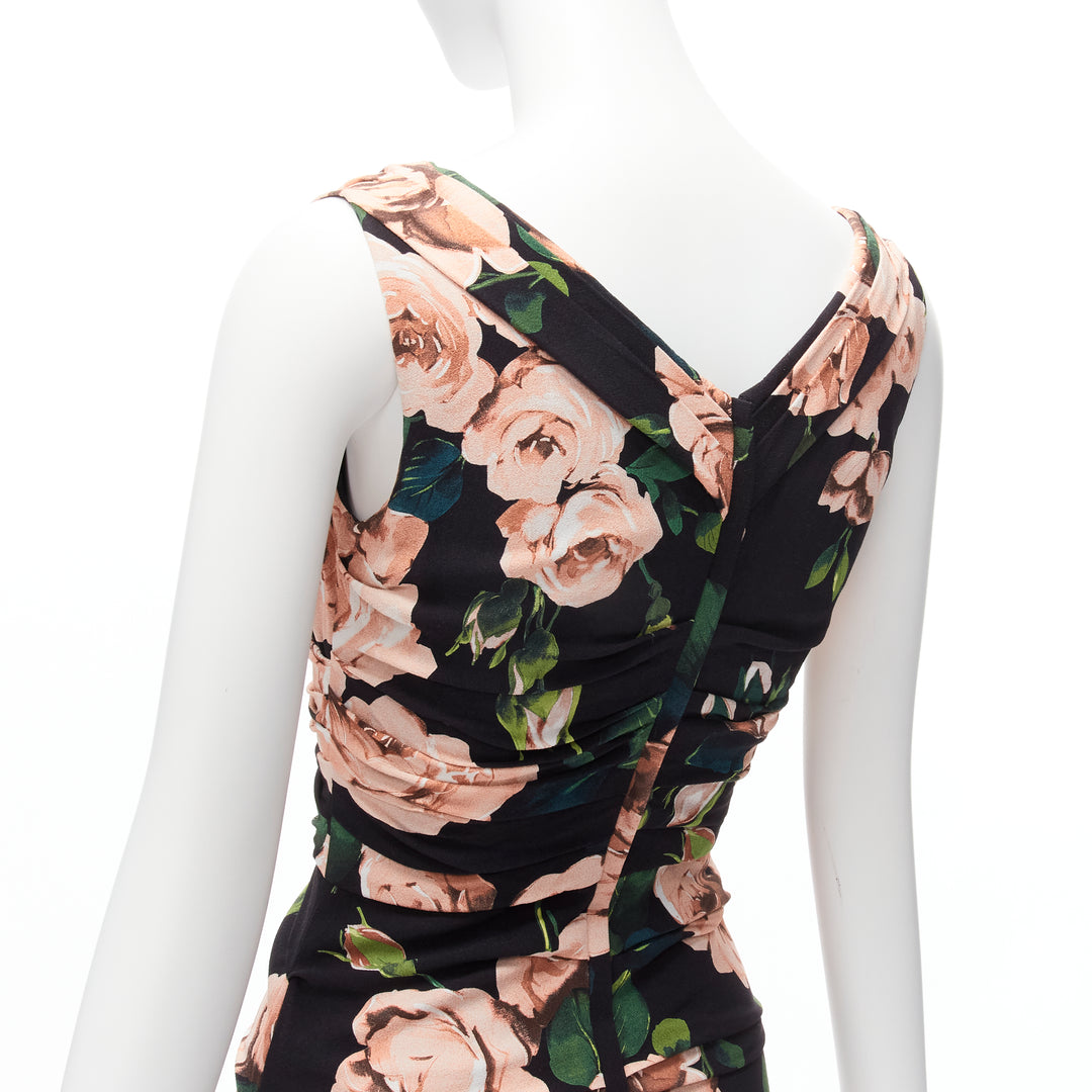 DOLCE GABBANA black pink rose print silk lined draped mid cocktail dress IT38 XS