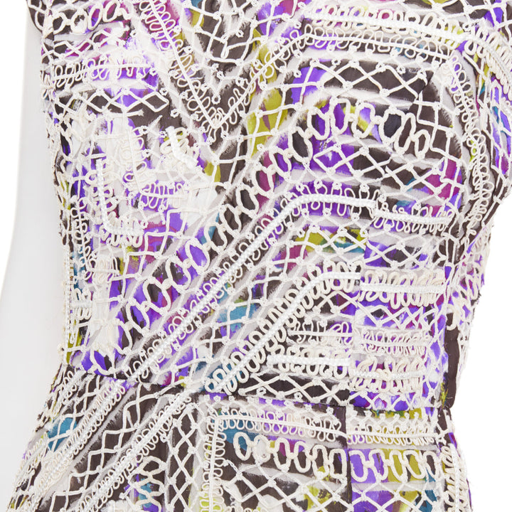 OSCAR DE LA RENTA Runway purple white silk embroidery anglais fringe dress US6 M