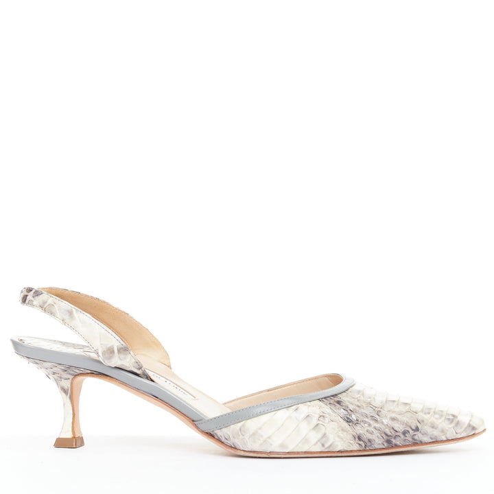 MANOLO BLAHNIK Carolyne beige snake leather slingback kitten dorsay heels EU39