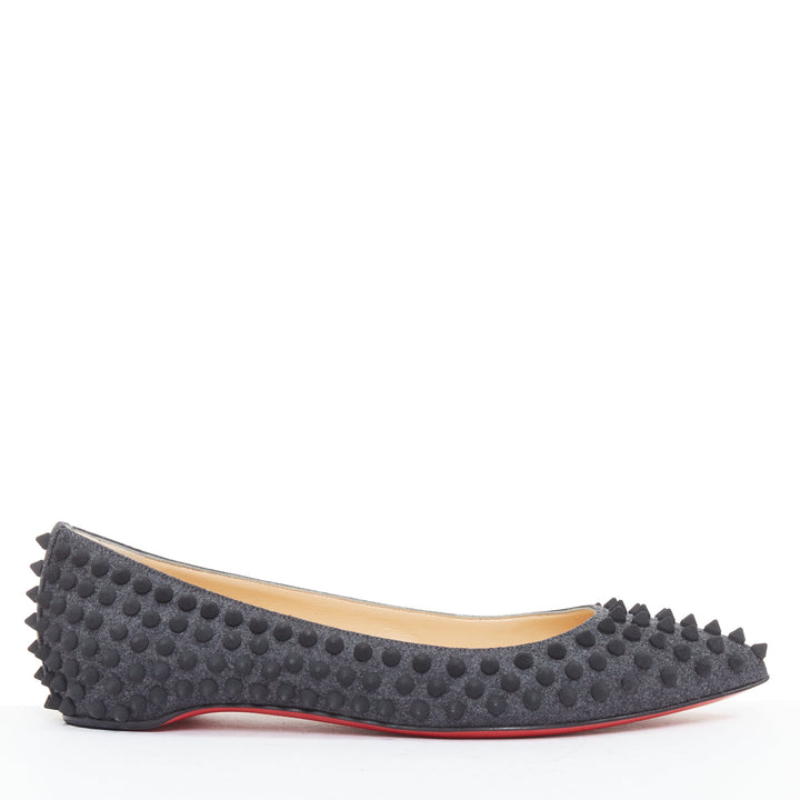 CHRISTIAN LOUBOUTIN Pigalle Spikes Flat grey flannel studded ballerina EU37.5