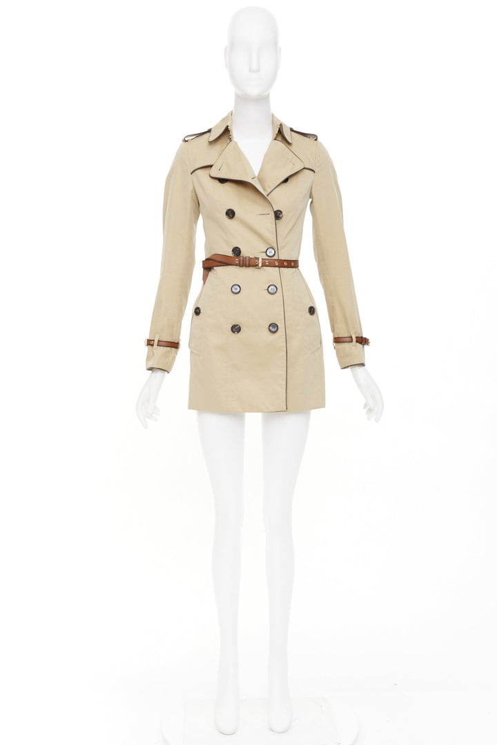 BURBERRY 2012 leather piped double breasted belted short trench coat IT36 XXS